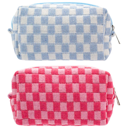 PAZIMIIK Checkered Makeup Bag for Purse Portable Zipper Make Up Pouch Small Cosmetic Case for Travel Accessories (2PCS Blue Hotpink)
