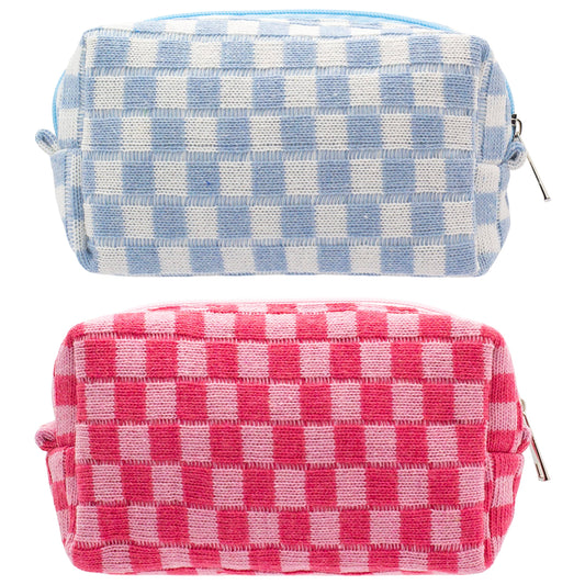 PAZIMIIK Checkered Makeup Bag for Purse Portable Zipper Make Up Pouch Small Cosmetic Case for Travel Accessories (2PCS Blue Hotpink)