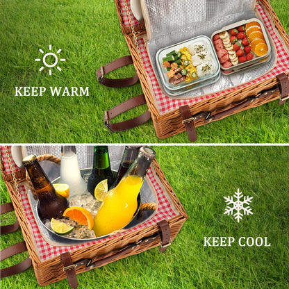 HYBDAMAI Picnic Basket for 4 Persons with Waterproof Picnic Blanket and Insulated Cooler, Large Wicker Picnic Basket for Camping, Outdoors, Valentine's Day, Christmas, Birthday, Wedding Gift