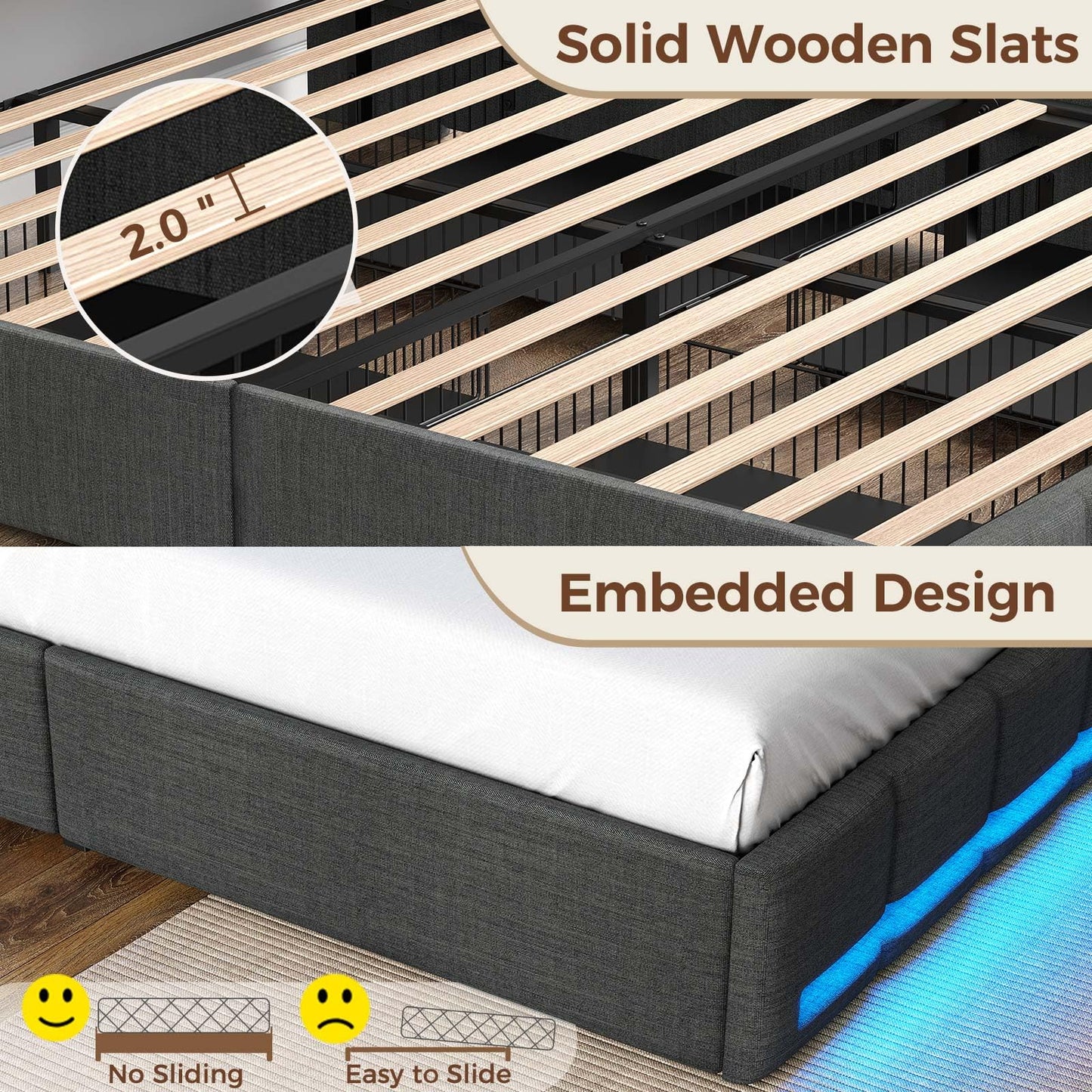 Rolanstar Twin Size Bed Frame with LED Lights and Charging Station, Upholstered Bed Storage Headboard & Drawers, Heavy Duty Wood Slats, Easy Assembly
