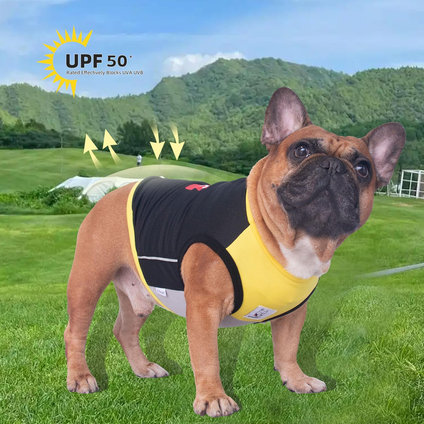 iChoue French Bulldog Summer Cooling Shirt for Dogs UV Sun Protection Vest Sleeveless Stretchy Tank Top English Pug Yellow Black - Large