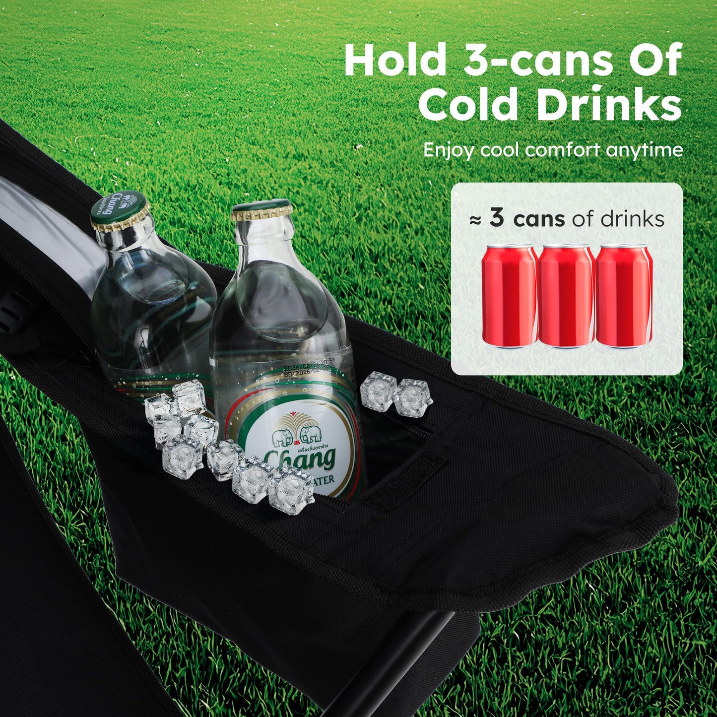 ALPHA CAMP Camping Chair 2 Pack Portable Chair with 3-Can Cooler Folding Chair with Side Pocket and Cup Holder, Collapsible for Camping, Tailgates, Beach, Fishing and Sports,Black,2PC