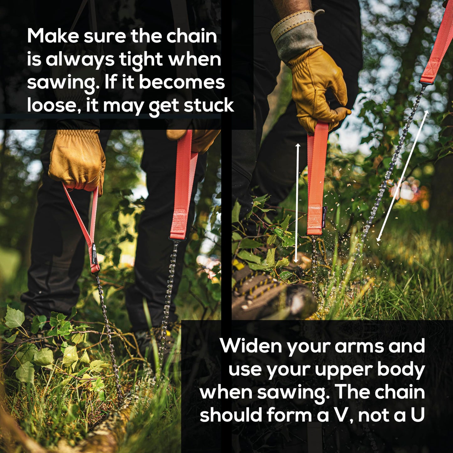 Nordic Pocket Saw 25.6 Inch Pocket Chainsaw with 33 Bi-Directional Teeth for Clearing Trails - Handy Backpacking Saw with Extra Large Nylon Handle Loops - for Survival and Emergency Situations