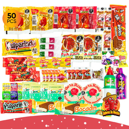 Mexican Candy Variety Pack (50 Count) Dulces Mexicanos, Mexican Snacks, with Vero Lollipops, Lucas Candy, Pulparindo Tamarindo, Mazapan, Spicy Dulce Mexico Assorted Mix, by Sabores de Mexico