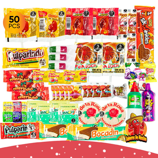 Mexican Candy Variety Pack (50 Count) Dulces Mexicanos, Mexican Snacks, with Vero Lollipops, Lucas Candy, Pulparindo Tamarindo, Mazapan, Spicy Dulce Mexico Assorted Mix, by Sabores de Mexico