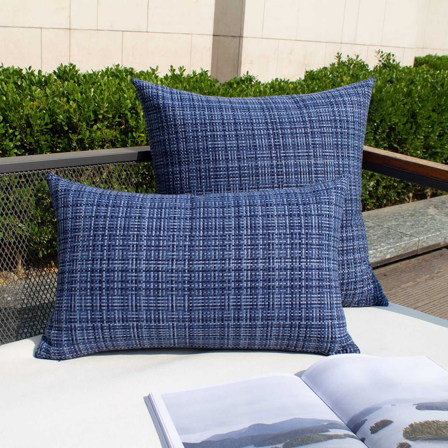 Kevin Textile Pack of 2 Decorative Outdoor Waterproof Throw Pillow Covers Stripe Square Pillowcases Modern Cushion Cases for Patio Couch Bench 20 x 20 Inch Navy Blue