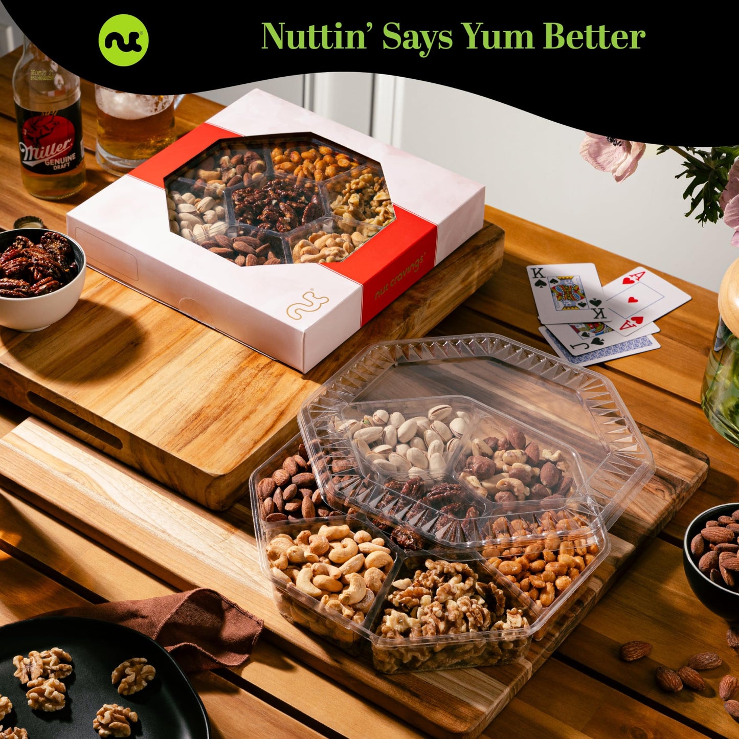 NUT CRAVINGS - Mixed Nuts Gift Basket in Red Gold Box (7 Assortments, 1 LB) Food Arrangement, Healthy Snack Care Package, Food Assortments