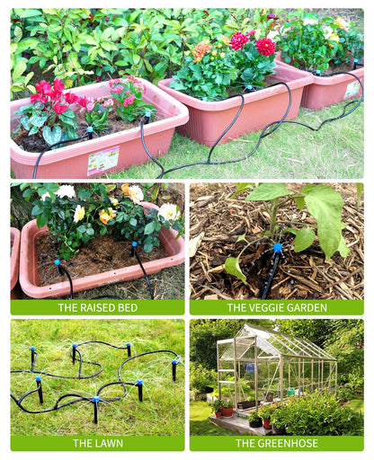 HIRALIY 100ft Drip Irrigation Kit Plant Watering System 8x5mm Blank Distribution Tubing DIY Automatic Irrigation Equipment Set for Garden Greenhouse Flower Bed Patio Lawn