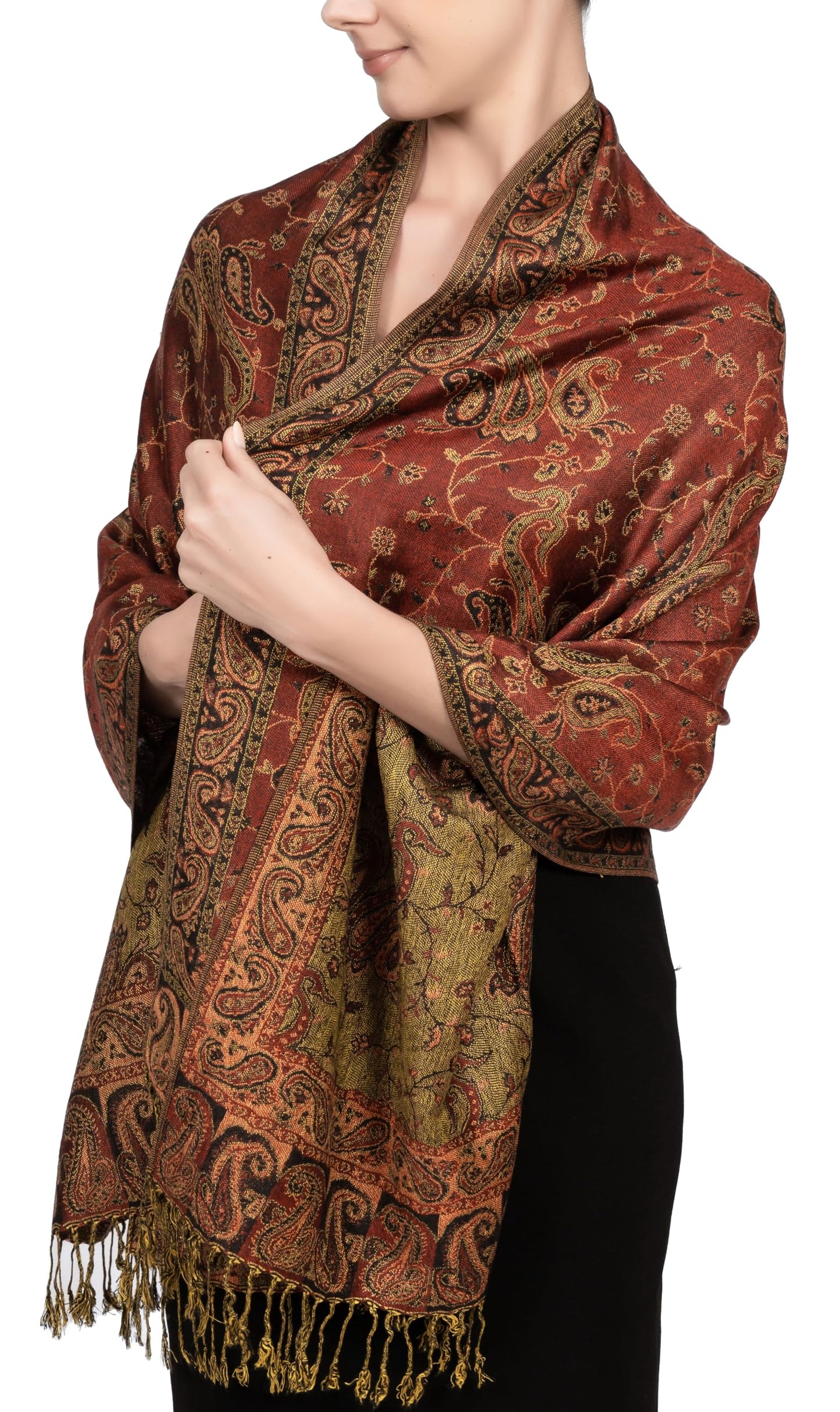 Achillea Soft Silky Reversible Paisley Pashmina Shawl Wrap Scarf w/Fringes (Rust Red)