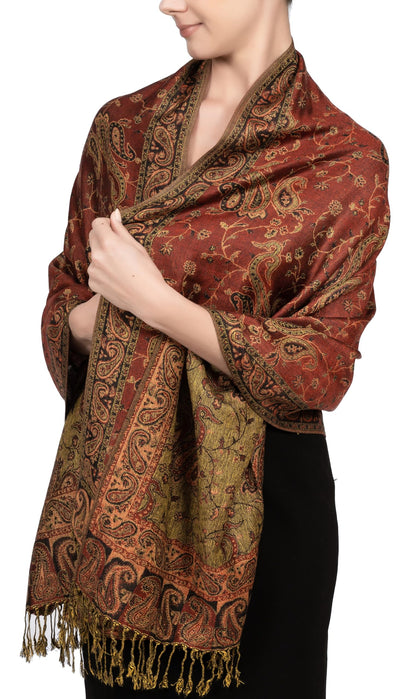 Achillea Soft Silky Reversible Paisley Pashmina Shawl Wrap Scarf w/Fringes (Rust Red)