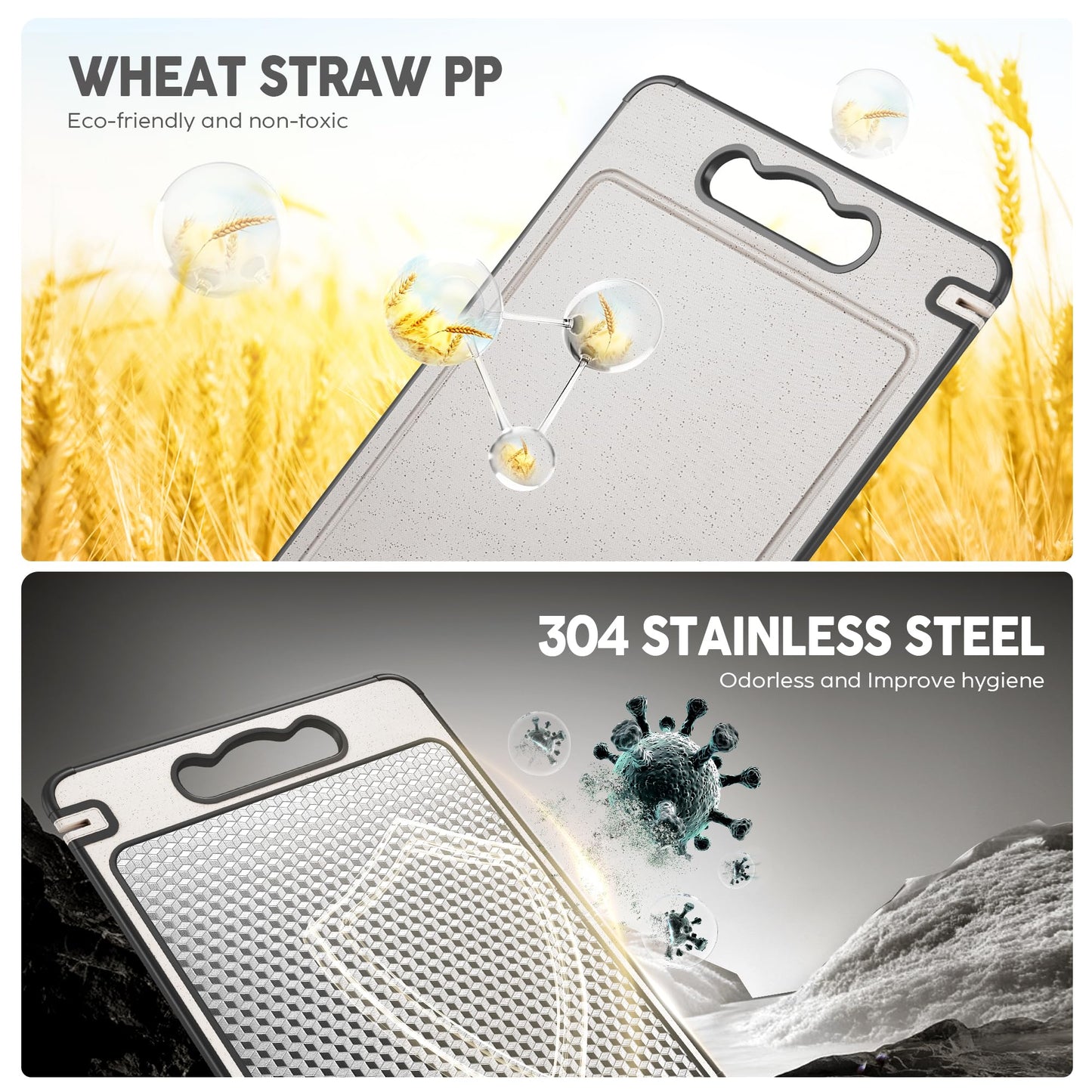 LOZOVIN Double Sided 304 Stainless Steel & Wheat Straw Cutting Board, 14.4"*9.8" Non Toxic Chopping Board, Separately Handle Meat and Vegetables, Dishwasher Safe, Scratch Resistant Mesh Design