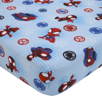 NoJo Marvel Spiderman Spidey and his Amazing Friends Spidey Time Red, Blue, and Grey 4 Piece Toddler Bed Set - Comforter, Fitted Bottom Sheet, Flat Top Sheet, and Reversible Pillowcase