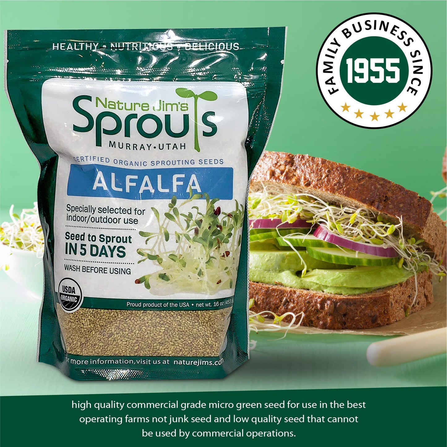 Nature Jims Sprouts alfalfa Seeds – 16 Oz Organic Sprouting Seeds – Non-GMO Premium Alfalfa Seeds – Resealable Bag for Longer Freshness – Rich in Vitamins, Minerals, Fiber