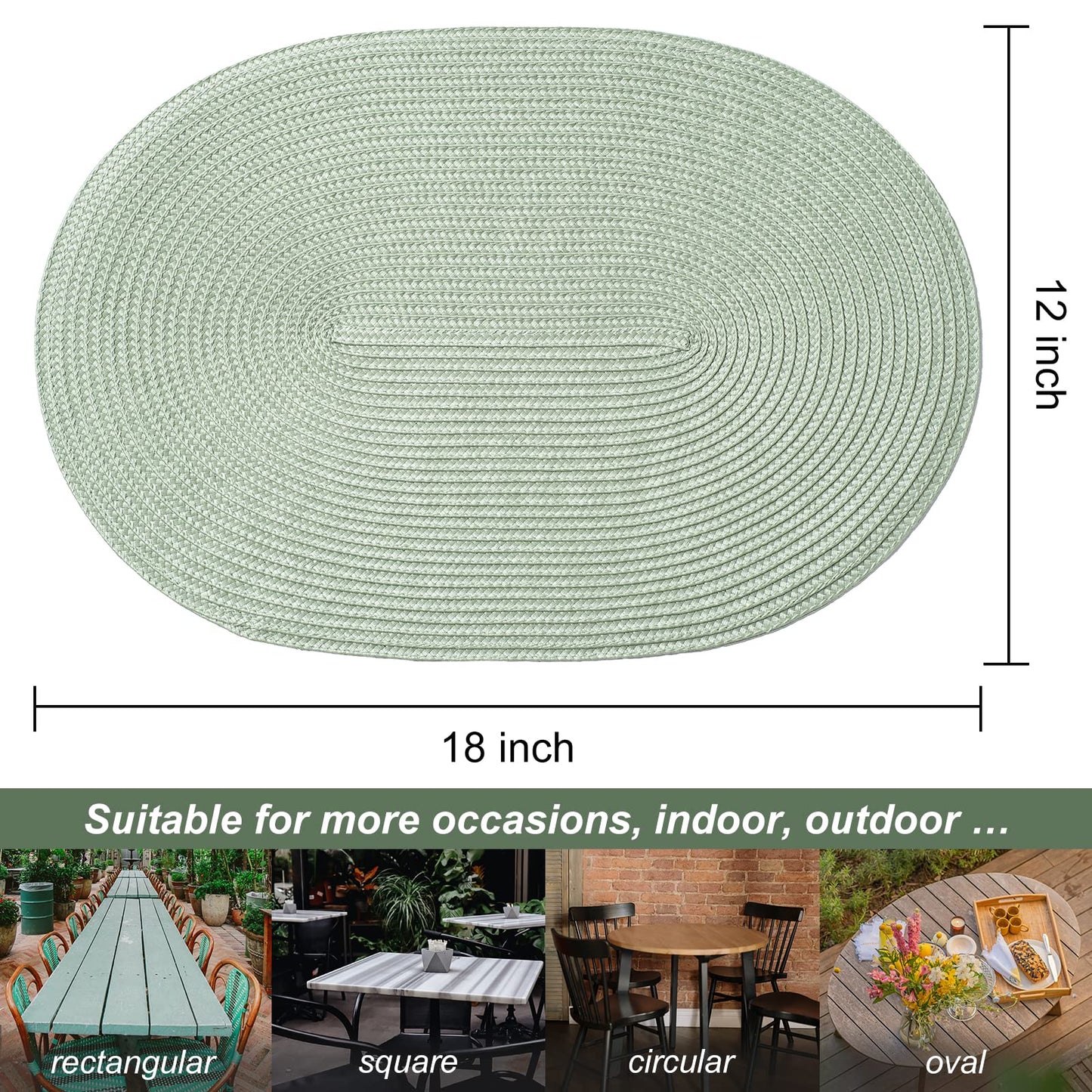 AHHFSMEI Placemats Set of 6 for Dining Table Washable Woven Vinyl Non-Slip 18x12 inches Placemat Heat-Resistant Durable Table Mats for Dining Table Easy to Clean (Sage Green, 6)