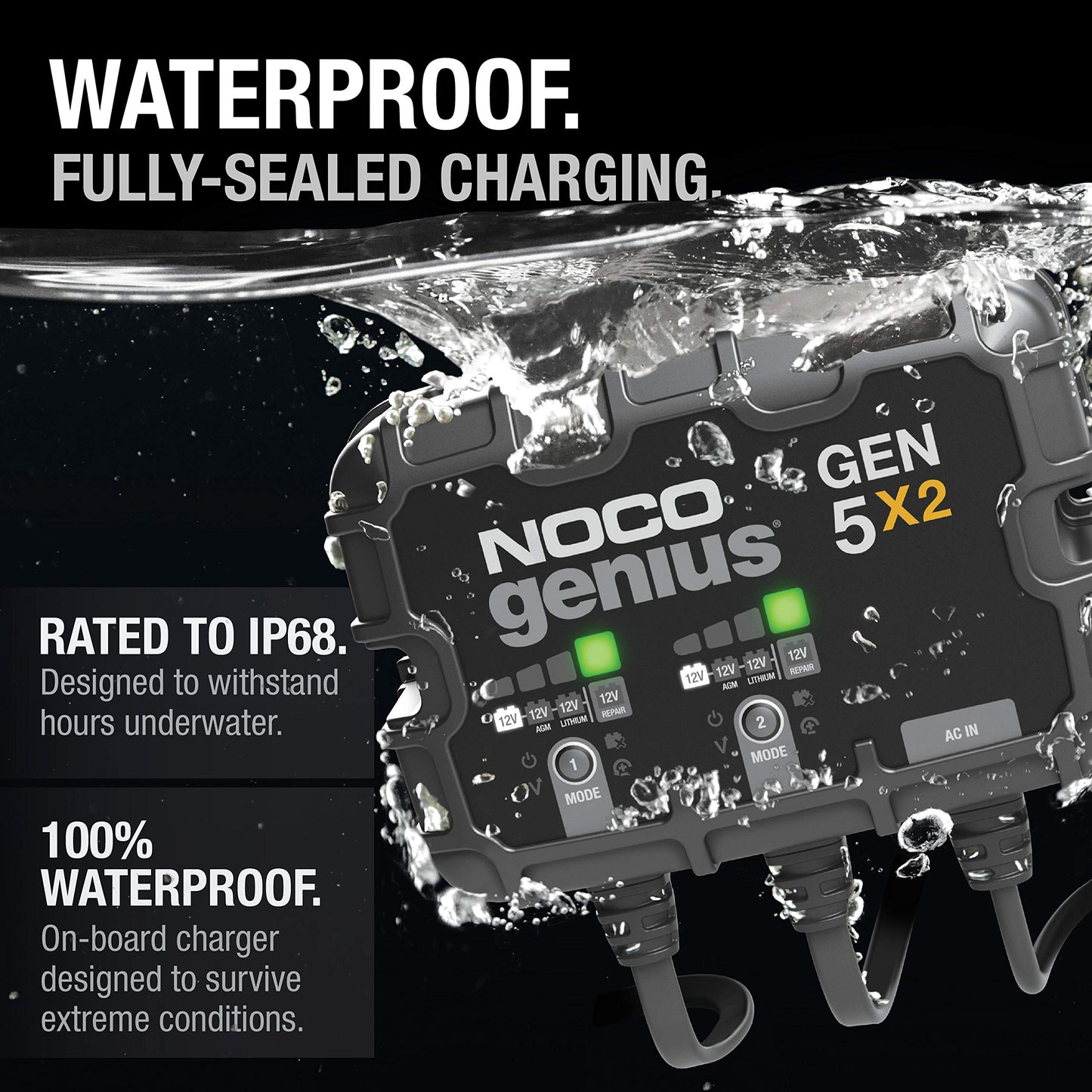 NOCO Genius GEN5X2: 2-Bank, 10A Onboard Battery Charger - 5A Per Bank, 12V Waterproof Marine Charger with Overcharge Protection & Temperature Compensation – for Lead-Acid & Lithium Batteries