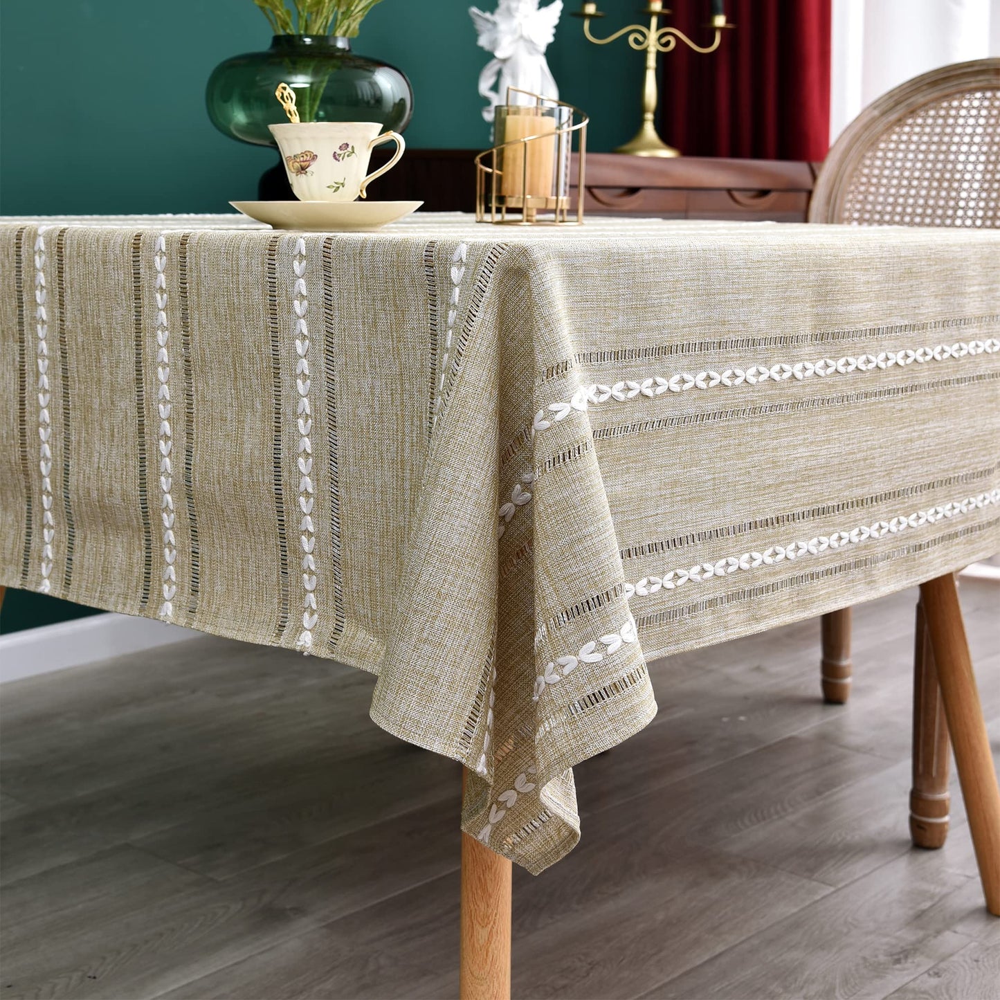 NEWISHER Rustic Farmhouse Embroidered Square Tablecloth Jacquard Striped Table Cloth Linen Washable Dining Table Cover Kitchen Dining Home Decoration Yellow 70x70 inch
