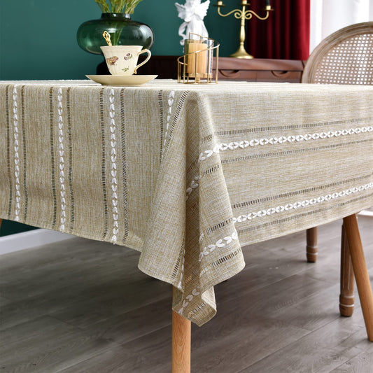 NEWISHER Rustic Farmhouse Embroidered Square Tablecloth Jacquard Striped Table Cloth Linen Washable Dining Table Cover Kitchen Dining Home Decoration Yellow 70x70 inch