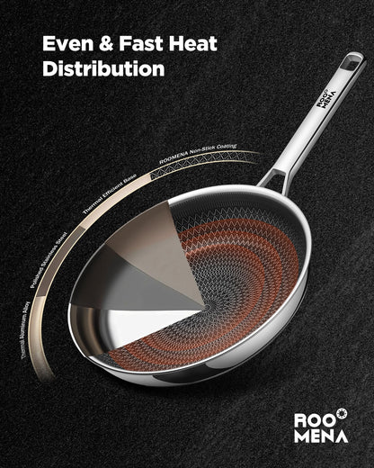 Non Stick Frying Pans Hybrid Ceramic, 12 Inch Tri-Ply Stainless Steel Skillet, Non-Toxic, PFAS/PFOA/PTFE Free, Metal Utensil Safe, Dishwasher & Oven Safe, Induction Compatible