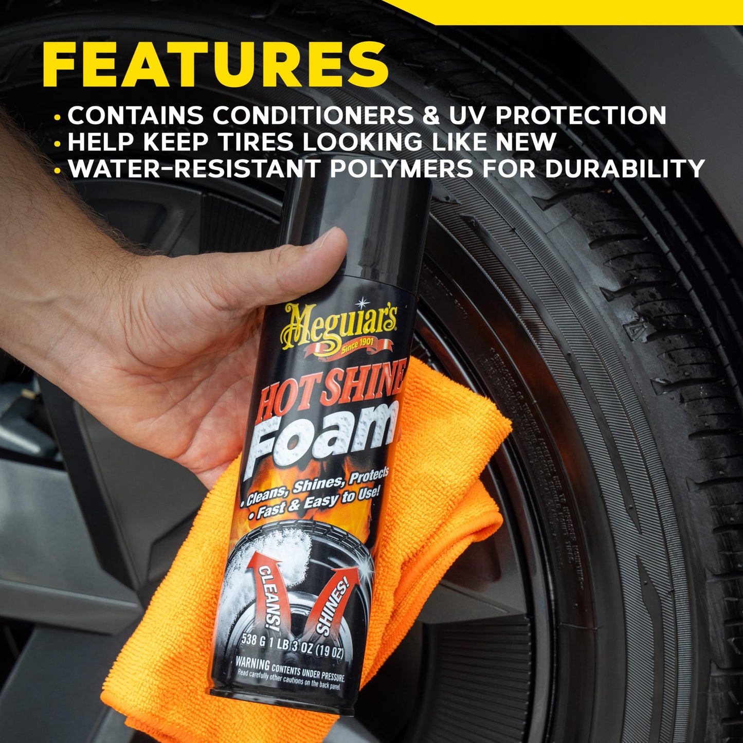 Meguiar's Hot Shine Tire Foam - High Goss Tire Shine That Cleans, Shines, and Protects in One, Deep, Black Shine with Conditioners and UV Protection to Help Keep Tires Looking Like New, 19 Oz Aerosol