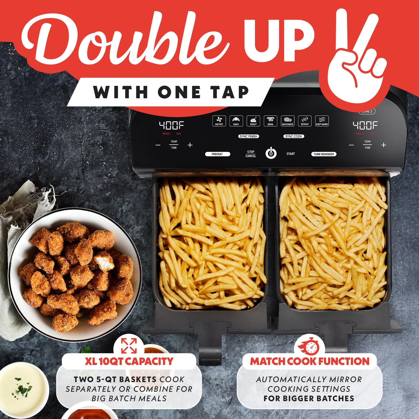 Gourmia Dual Basket Digital Air Fryer – 10 QT, FryForce 360° Technology, 7 Presets, Match Cook & Smart Finish, PTOA-Free Baskets & Crisper Trays, 1600W, Black