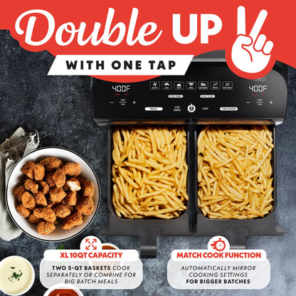 Gourmia Dual Basket Digital Air Fryer – 10 QT, FryForce 360° Technology, 7 Presets, Match Cook & Smart Finish, PTOA-Free Baskets & Crisper Trays, 1600W, Black