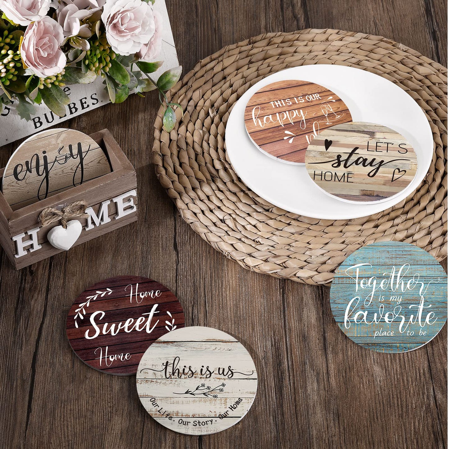 Queekay Housewarming Gifts for Home Decoration Wooden Heart Coasters for Drinks 6 Set Farmhouse Coasters with Holder Funny for Family Coffee Table Protection, 4''(Classic Farmhouse)