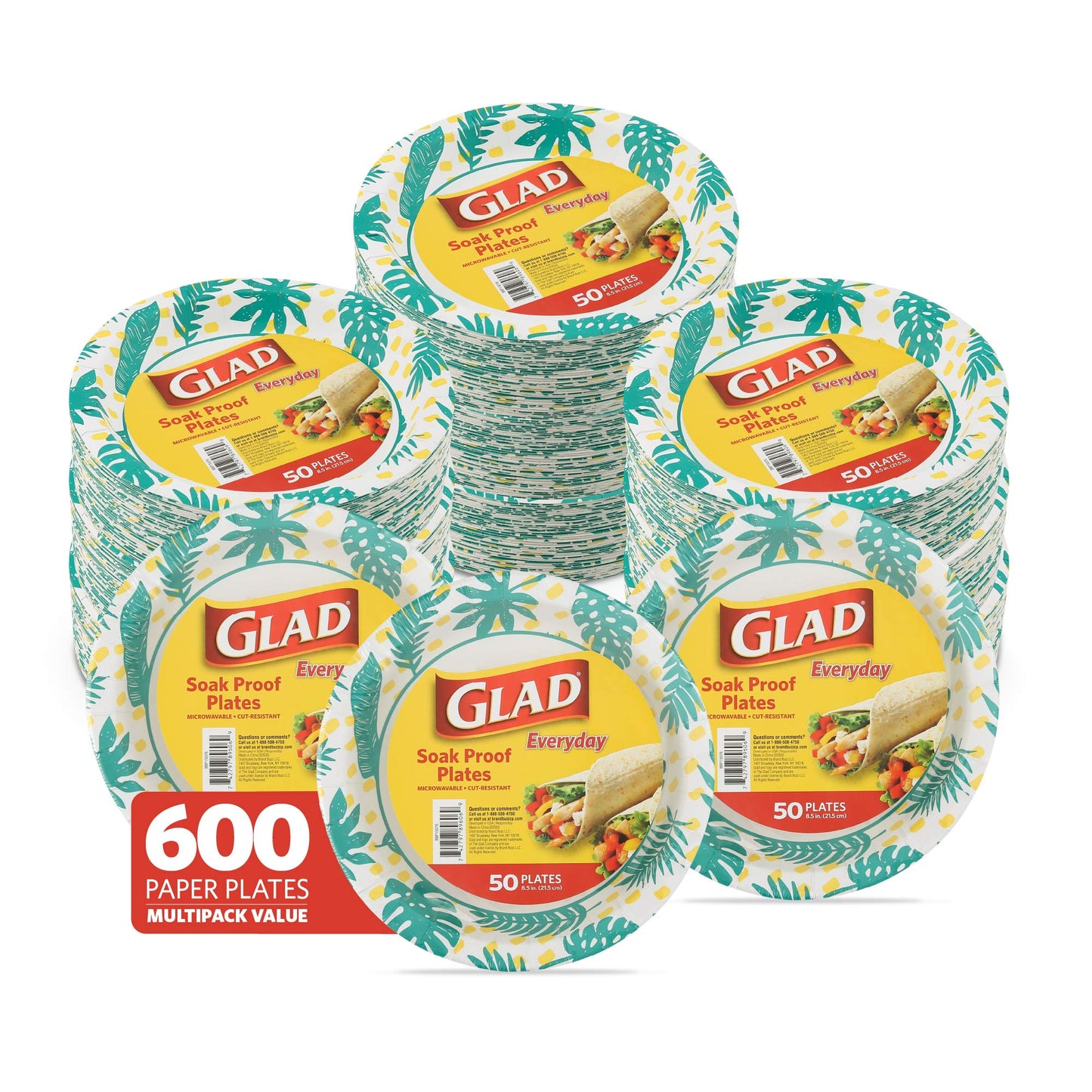 Glad Round Disposable Paper Plates, Palm Leaves Pattern - Strong, Sturdy, Soak Proof, and Microwavable Decorative Plates for Dinner and Everyday Use, 8.5 Inch, 50 Count - 12 Pack