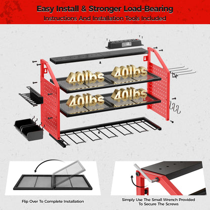 LBT Power Tool Organizer With Charging Station,Patented,Heavy Duty Steel,6 Drilling Rig Sizes With Hooks And Screw Boxes,6 sockets,Easy To Install Garage Storage Rack,Great Gift For Men, Red