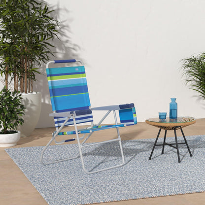 Rio Brands 17" Extended Height 4-Position Folding Beach, Camping, Lawn Chair, Blue/White/Green