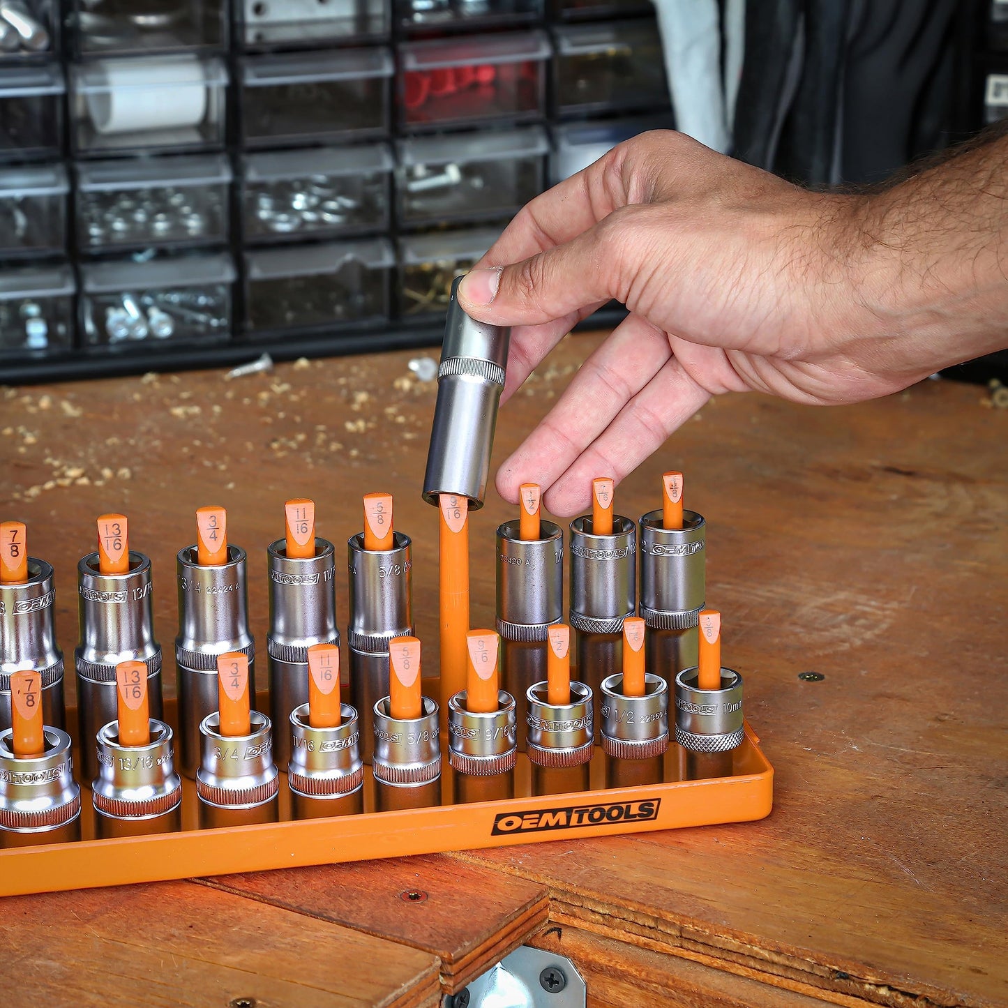 OEMTOOLS 22418 6 Piece SAE and Metric Socket Tray Set, SAE and Metric Socket Storage for Sizes 1/4", 3/8”, and 1/2" Drive, Socket Holders and Socket Organizer Tray for Toolbox, Orange and Black