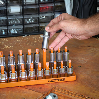 OEMTOOLS 22418 6 Piece SAE and Metric Socket Tray Set, SAE and Metric Socket Storage for Sizes 1/4", 3/8”, and 1/2" Drive, Socket Holders and Socket Organizer Tray for Toolbox, Orange and Black