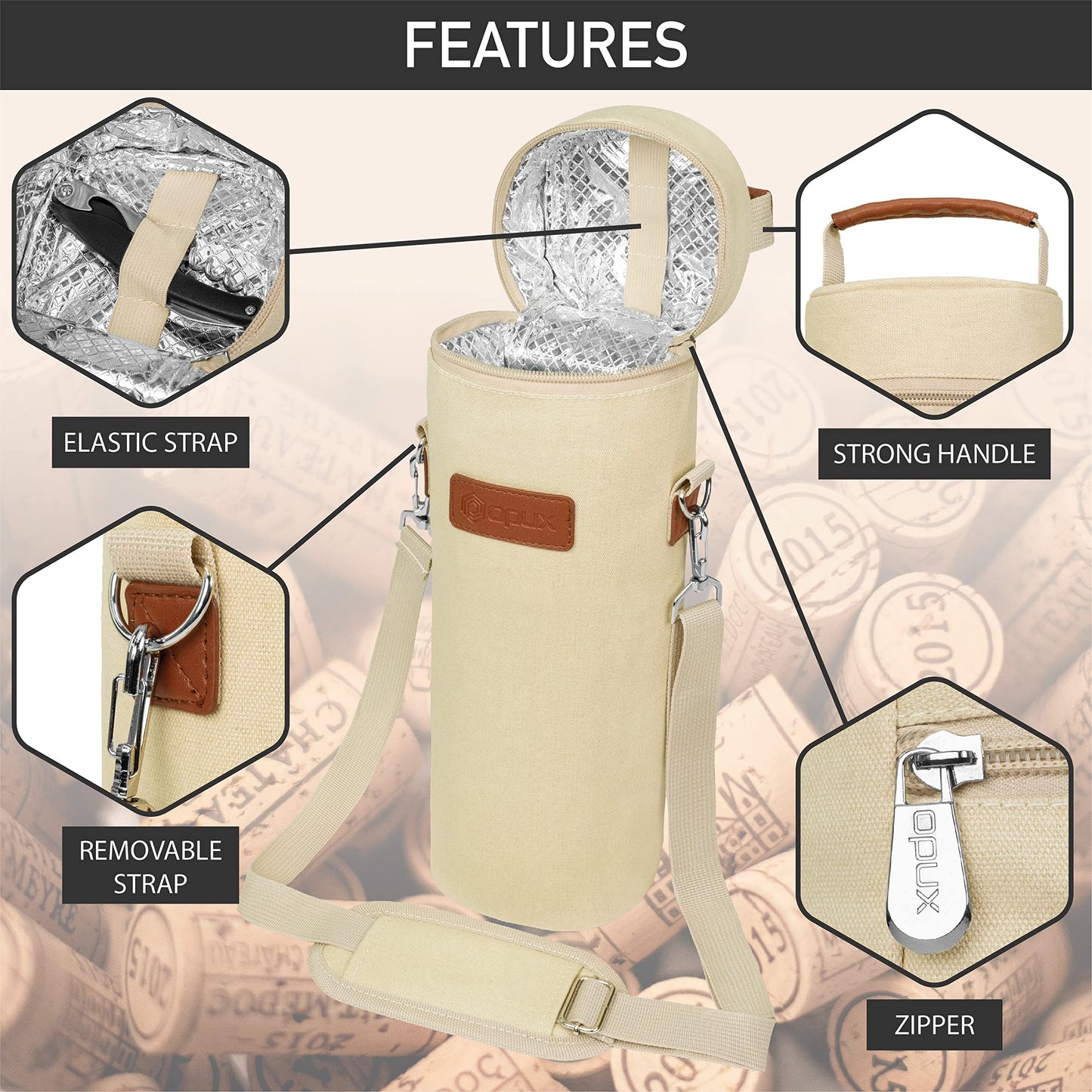 opux Wine Bag Single Bottle Carrier Tote, Insulated Wine Cooler Bag for Travel Picnic Beach with Shoulder Strap, Thermal One Bottle Holder Carrying Case Wine Gift for Women Men, Beige Cream