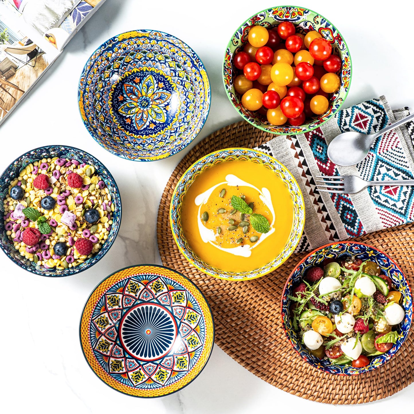 HENXFEN LEAD Ceramic Cereal, Soup Bowls Set of 6-25 Oz Porcelain Serving Bowls for Dinner, Pasta, Salad, Oatmeal, Microwave & Dishware Safe - Bohemian Style