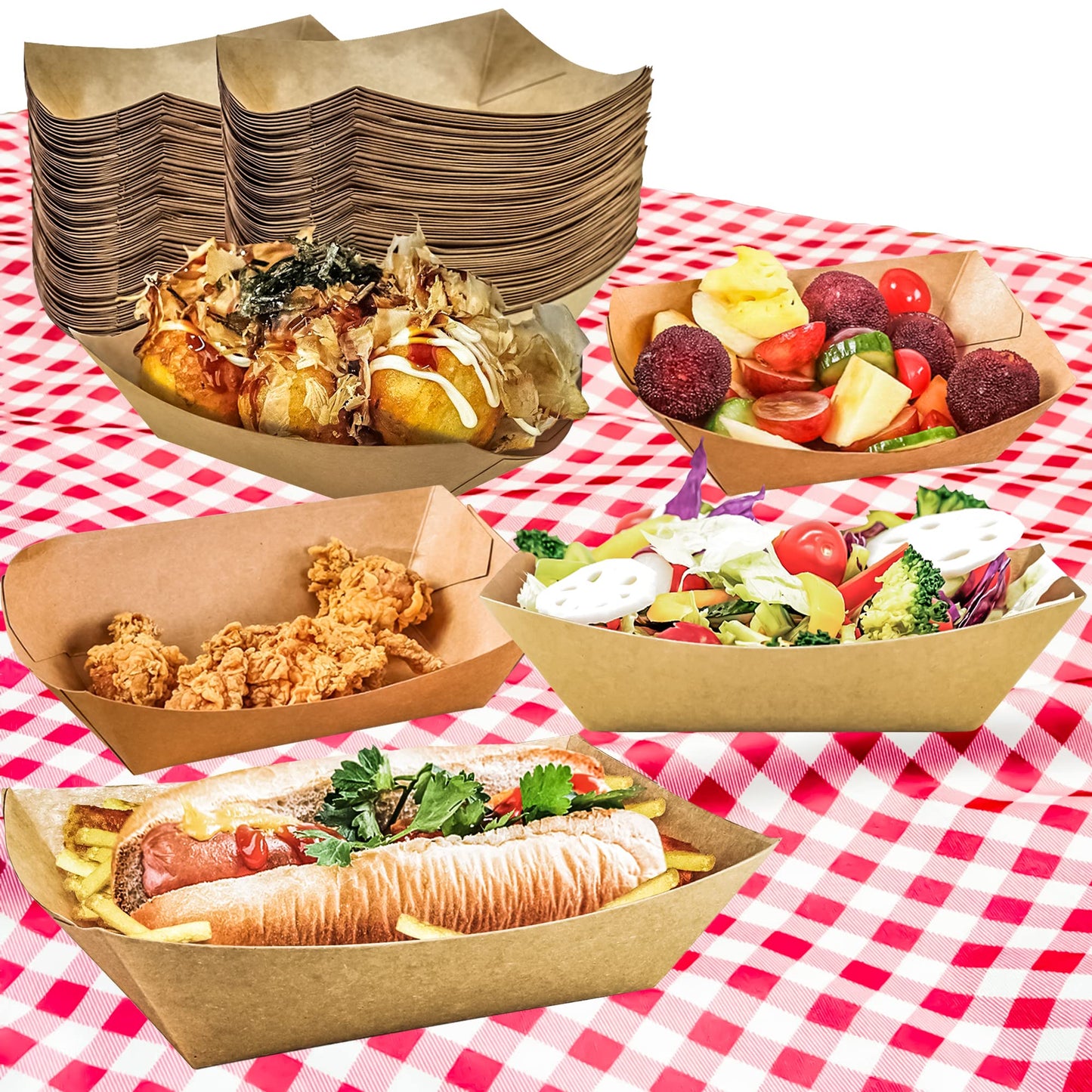 MotBach 100 Pack 2lb Kraft Paper Food Trays, Heavy-Duty Paper Food Boat Disposable Serving Basket Tray for French Fries Nachos Snack Hot Dog Taco BBQ Popcorn Party Picnic Wedding Party (Brown)