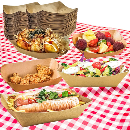 MotBach 100 Pack 2lb Kraft Paper Food Trays, Heavy-Duty Paper Food Boat Disposable Serving Basket Tray for French Fries Nachos Snack Hot Dog Taco BBQ Popcorn Party Picnic Wedding Party (Brown)