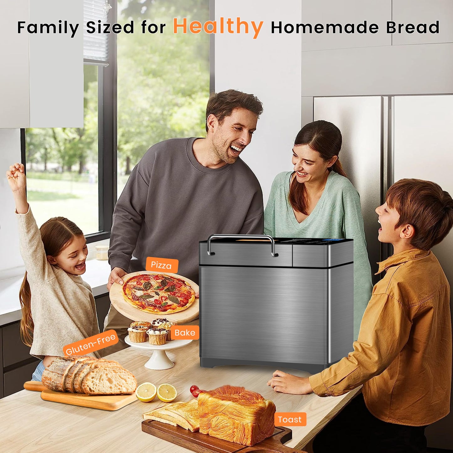 KBS 17-in-1 Bread Maker-Dual Heaters, 710W Machine Stainless Steel with Gluten-Free, Dough Maker,Jam,Yogurt PROG, Auto Nut Dispenser,Ceramic Pan& Touch Panel, 3 Loaf Sizes 3 Crust Colors,Recipes