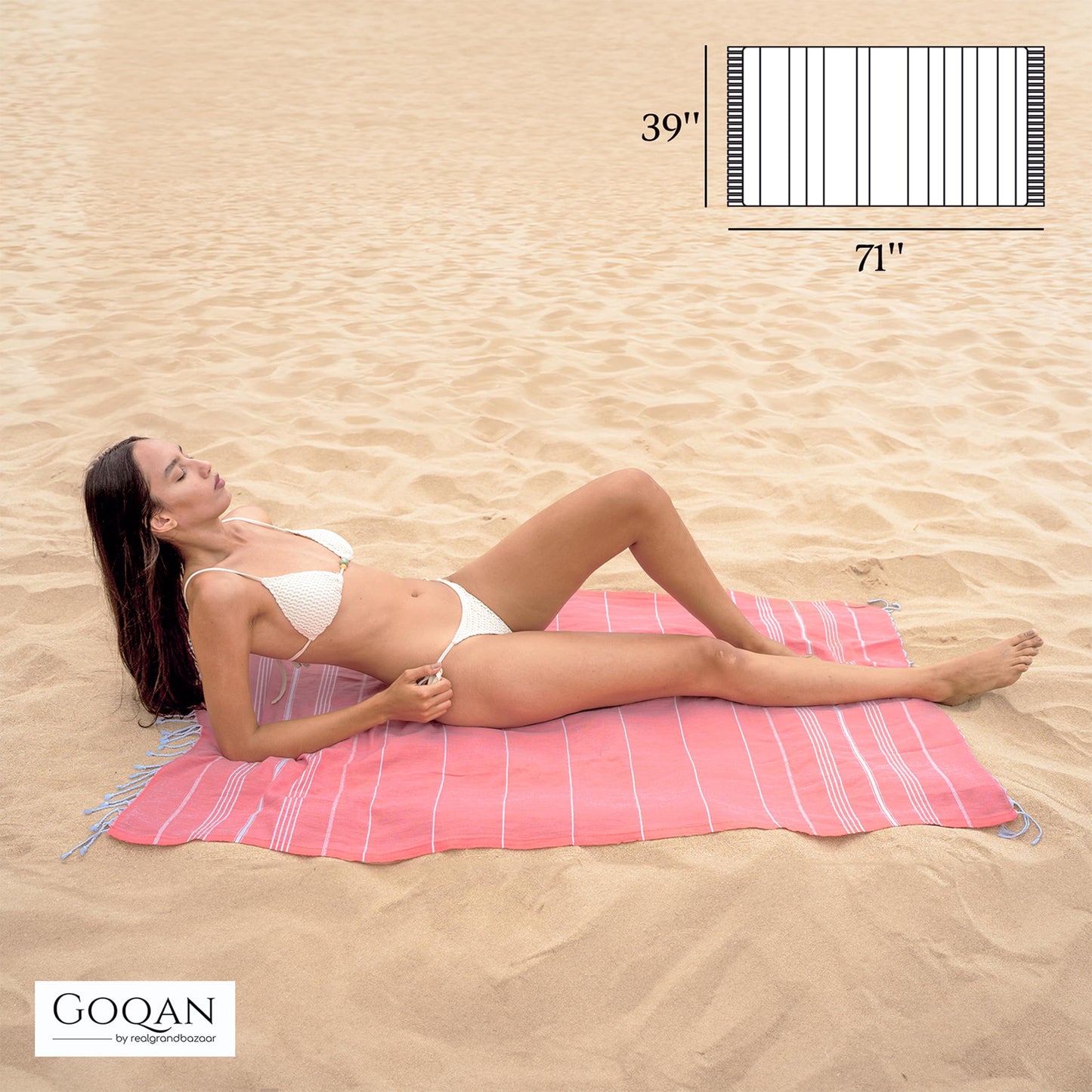 GOQAN Turkish Beach Towel Oversized 39x71 | Thin, Lightweight, 100% Cotton and Sand Free Towel is Suitable for Beach, Bathroom, Pool, Travel, Swim, Gift | Odor Free Thx to Quick Dry Property - Pink