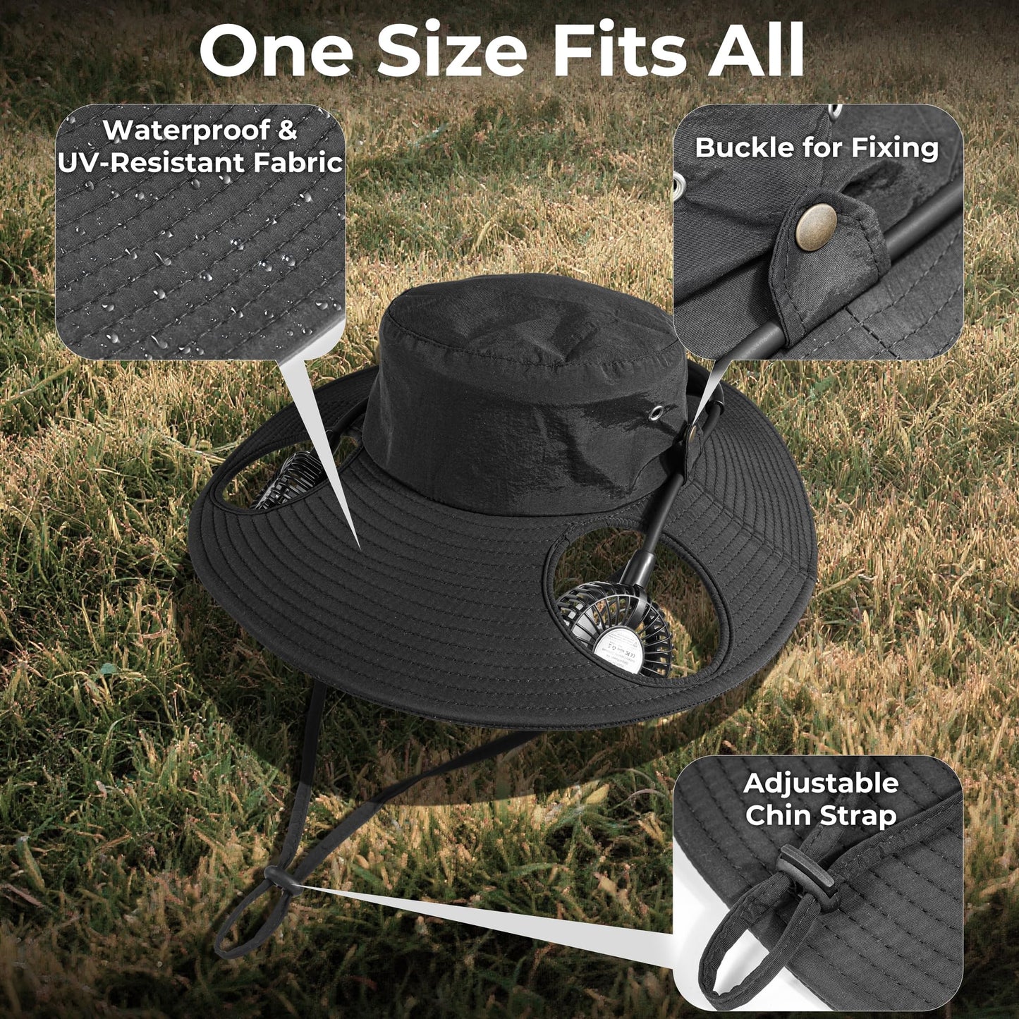 AMACOOL 2-in-1 Hands-free Hat Fan with Detachable Neck Fan, UPF 50+ Wide Brim Sun Hat, 3-Speed Adjustable, 2600mAh Rechargeable Fishing Essentials for Men Women Camping Travel Delivery Outdoor-Black