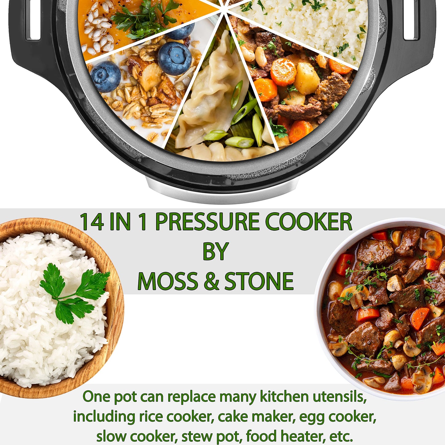 Moss & Stone Electric Pressure Cooker with Large LCD Display, Multi-Use 6 Quart Pot, 14-in-1 Cooker & Maker: Slow, Rice, Steam, Saute, Yogurt, Egg, Warmer