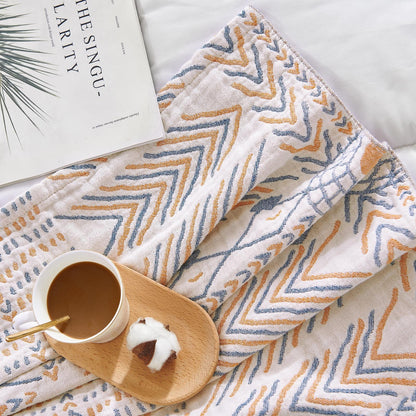 jinchan Boho 100% Cotton Muslin 50x60 Throw Blanket Lightweight 4-Layer Orange Multi Reversible Blanket Washable Breathable Decorative Geometric Striped Pattern Soft Comfy for Couch Bed All Seasons