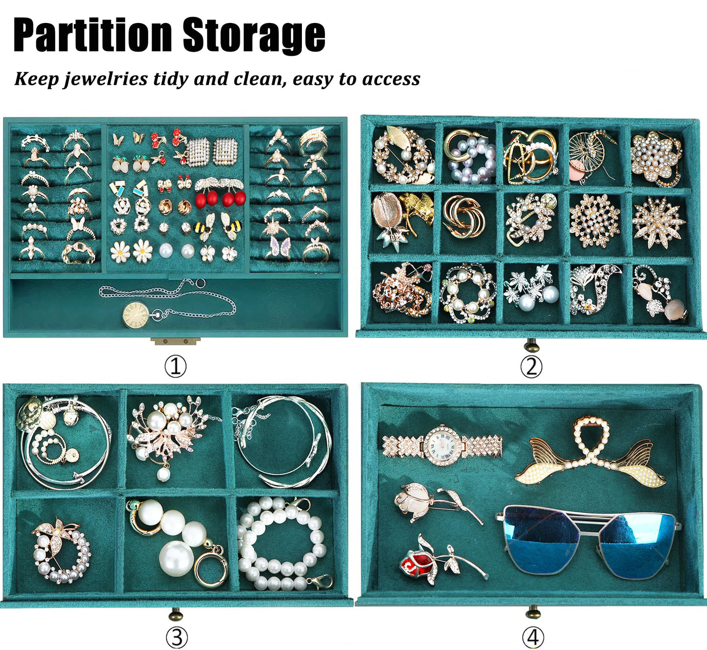 QBestry Large Jewelry Box for Women with Lock,4 Layer Glass Lid Jewelry Organizer with Drawers,Green Velvet Jewelry Storage Organizer Box for Bracelet Ring and Earring Jewelry Box with Sunglass Holder