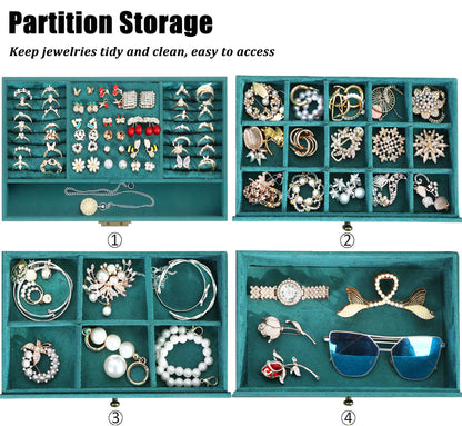 QBestry Large Jewelry Box for Women with Lock,4 Layer Glass Lid Jewelry Organizer with Drawers,Green Velvet Jewelry Storage Organizer Box for Bracelet Ring and Earring Jewelry Box with Sunglass Holder