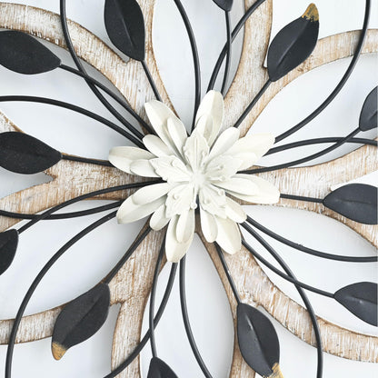 Remenna Whitewash Flowers Wood Wall Decor, Metal Rustic Wall Art Farmhouse Wall Decorations Multiple Floral Hanging Decor for Bathroom Living Room Home Office Garden Kitchen