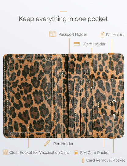 Mymazn Leopard Passport Holder Passport Case Travel Wallet with Vaccination Card Holder Passport Cover with RFID Blocking Clear Pocket For Photo (leopard)