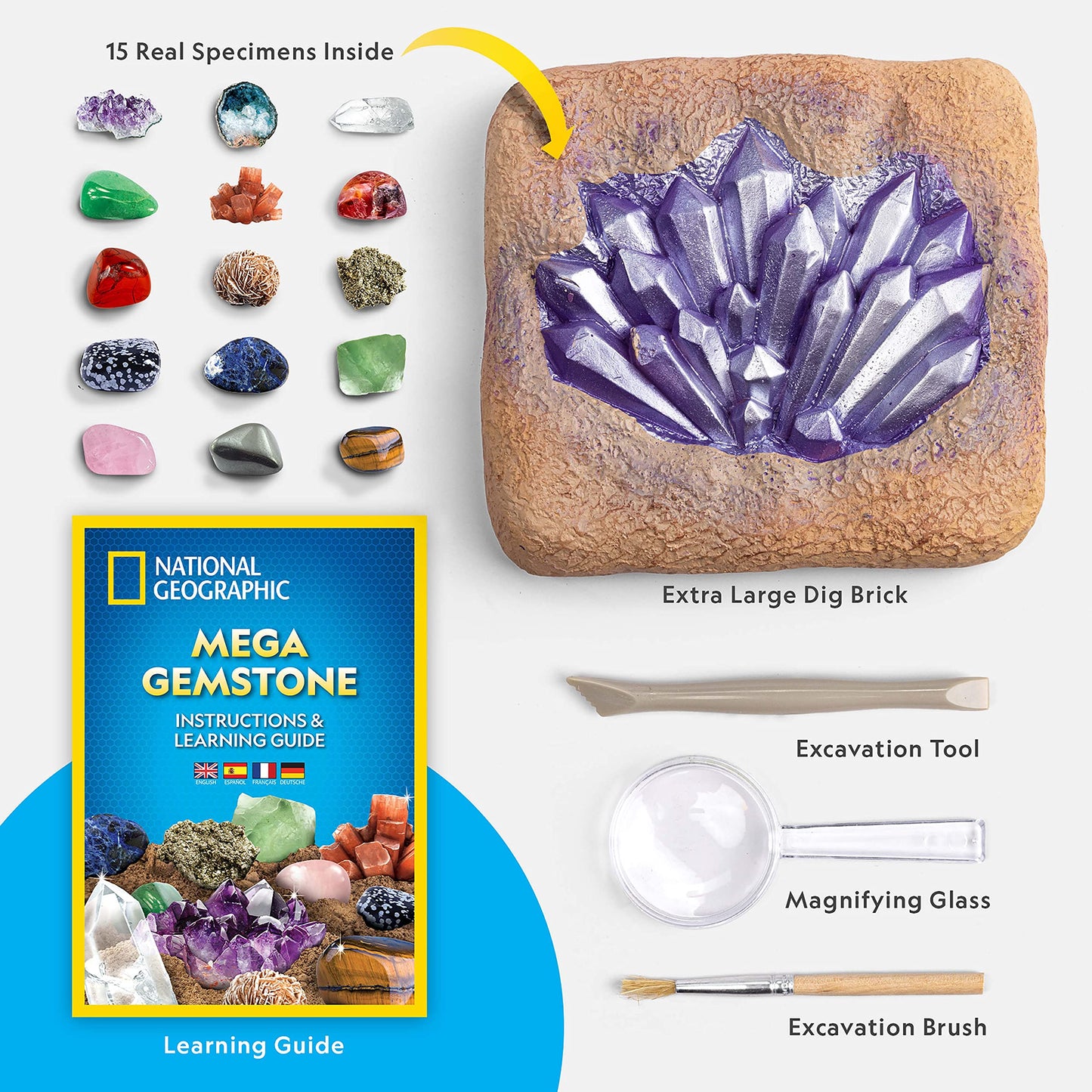 NATIONAL GEOGRAPHIC Mega Gemstone Dig Kit – Dig Up 15 Real Gemstones and Crystals, Science Kit for Kids, Gem Digging Kit, Gift for Girls and Boys, Mining Kit, Rock Collection