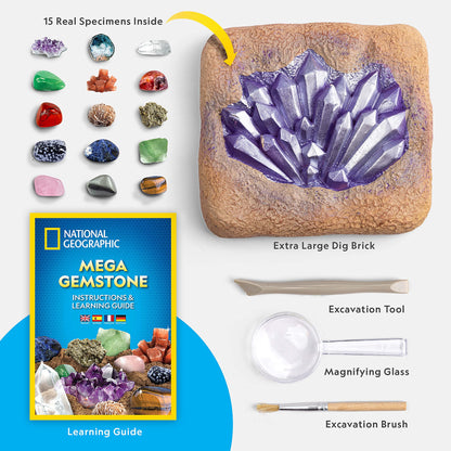 NATIONAL GEOGRAPHIC Mega Gemstone Dig Kit – Dig Up 15 Real Gemstones and Crystals, Science Kit for Kids, Gem Digging Kit, Gift for Girls and Boys, Mining Kit, Rock Collection