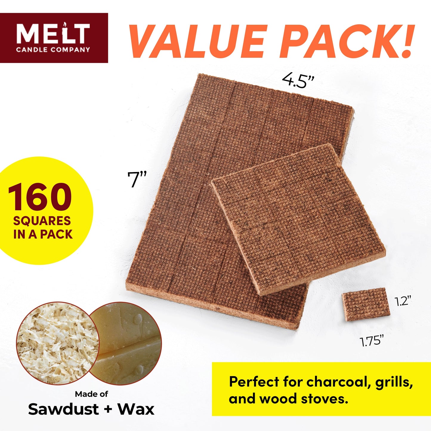 Melt Candle Company Fire Starter Squares, 160 Pieces - Fire Starters Kit for Campfires, Grill, Outdoor Fire Pit, Fireplace, BBQ - Water Resistant & Odorless - Camping Accessories