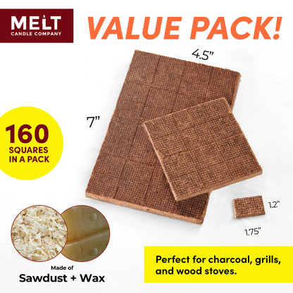 Melt Candle Company Fire Starter Squares, 160 Pieces - Fire Starters Kit for Campfires, Grill, Outdoor Fire Pit, Fireplace, BBQ - Water Resistant & Odorless - Camping Accessories