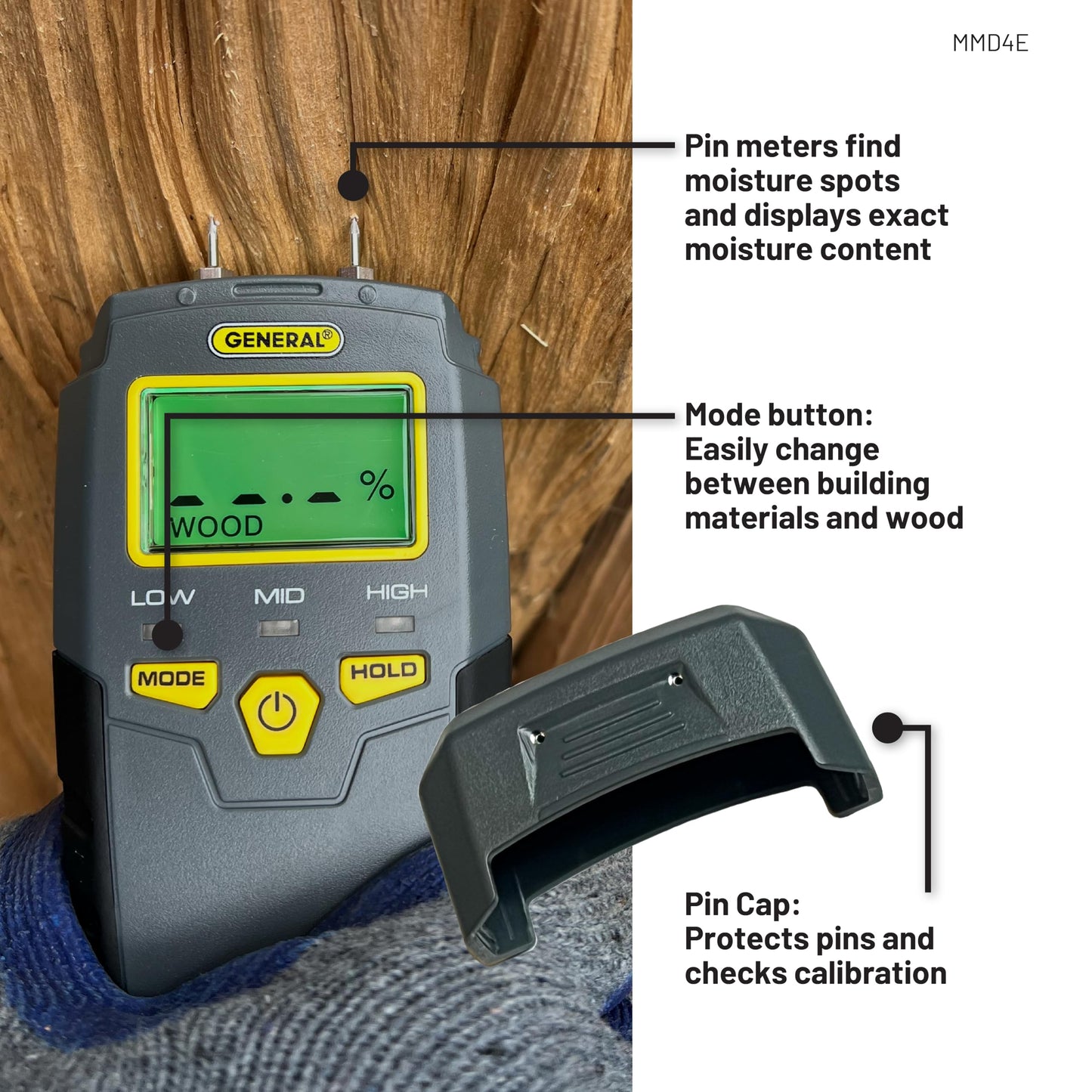 General Tools MMD4E Digital Moisture Meter, Water Leak Detector, Moisture Tester, Pin Type, Backlit LCD Display With Audible and Visual High-Medium-Low Moisture Content Alerts, Grays