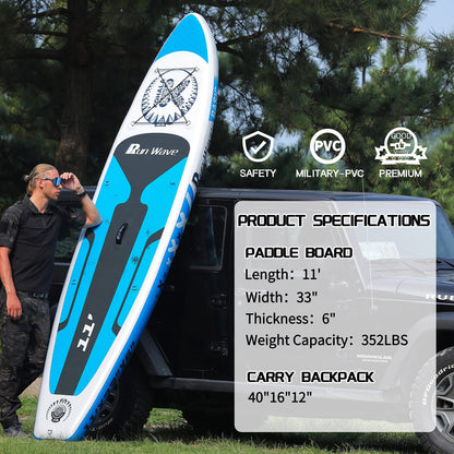 Run Wave Inflatable Stand Up Paddle Board 11'×33''×6''(6'' Thick) Non-Slip Deck with Premium SUP Accessories | Wide Stance, Bottom Fins for Surfing Control | Youth Adults Beginner (Kohala Blue)